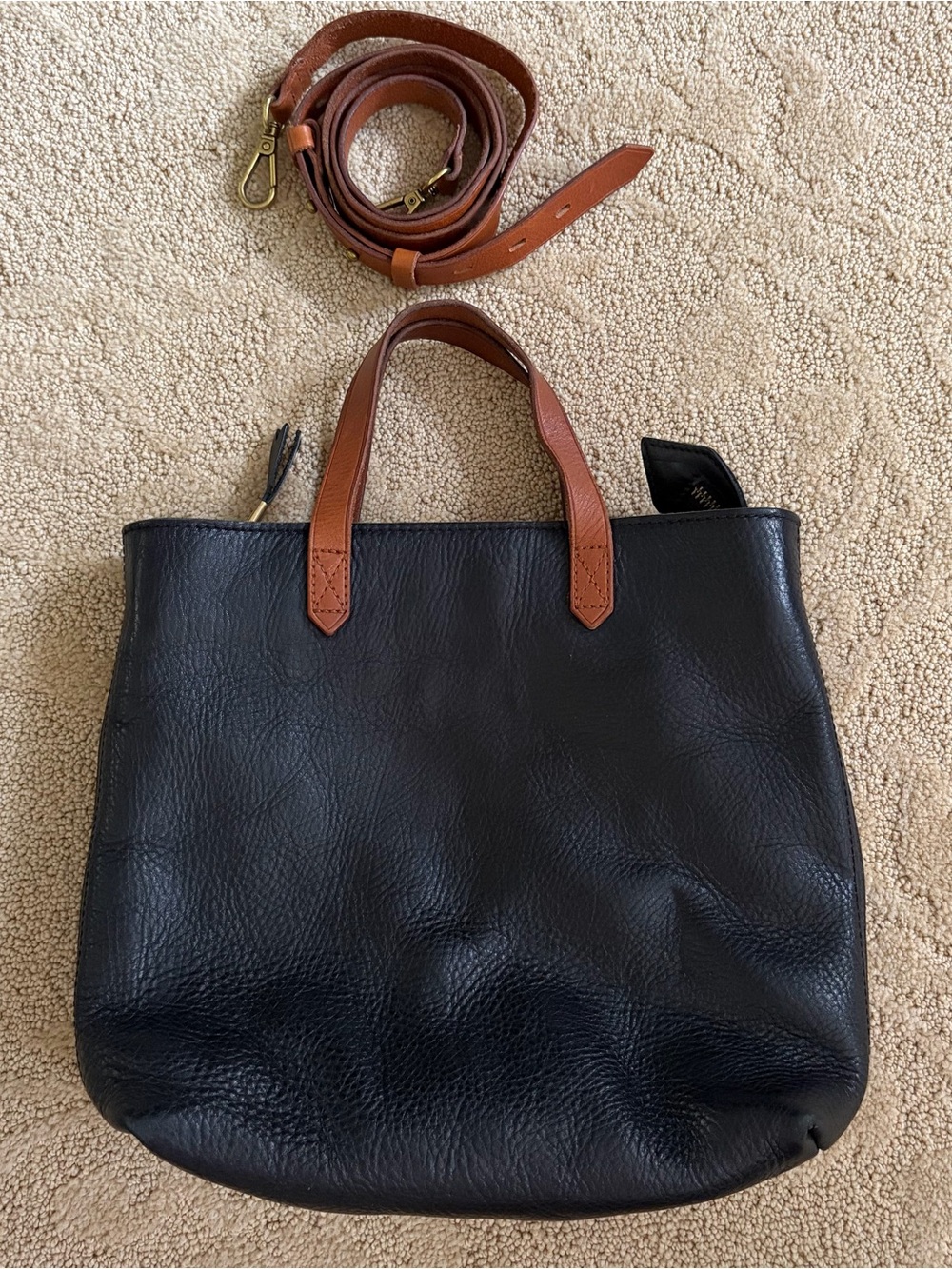 Madewell Black Leather Tote with Brown Handles and Strap